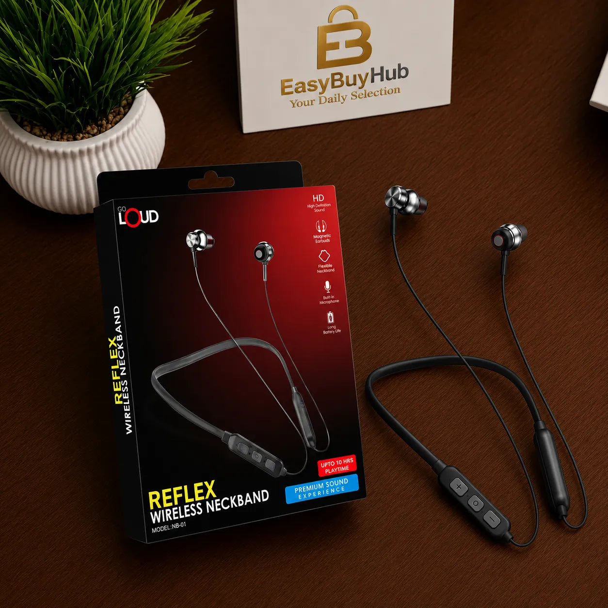 A pair of black Reflex Wireless Neckband earphones with a neckband strap and inline remote, displayed next to their retail packaging box on a dark brown wooden table. A small potted plant and a white EasyBuyHub box are visible in the background.