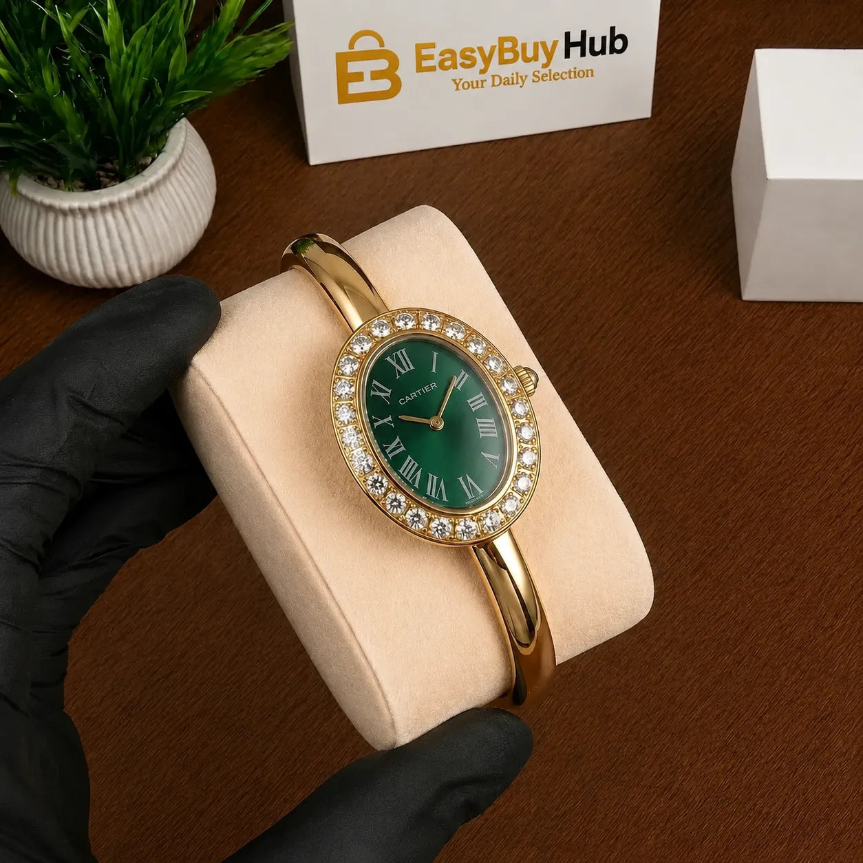 Luxury diamond oval bangle watch for women with gold bracelet, green Roman numeral dial and crystal bezel