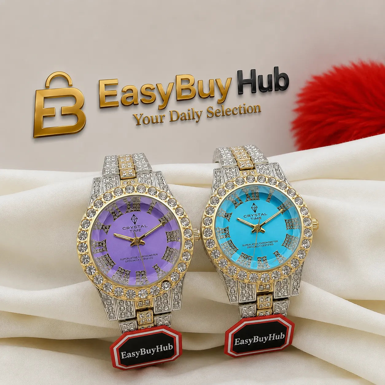 Two luxury-style wristwatches displayed side by side on draped cream fabric. The watch on the left has a purple dial and the watch on the right has a turquoise dial, both with gold-tone bezels and links encrusted with clear stones.