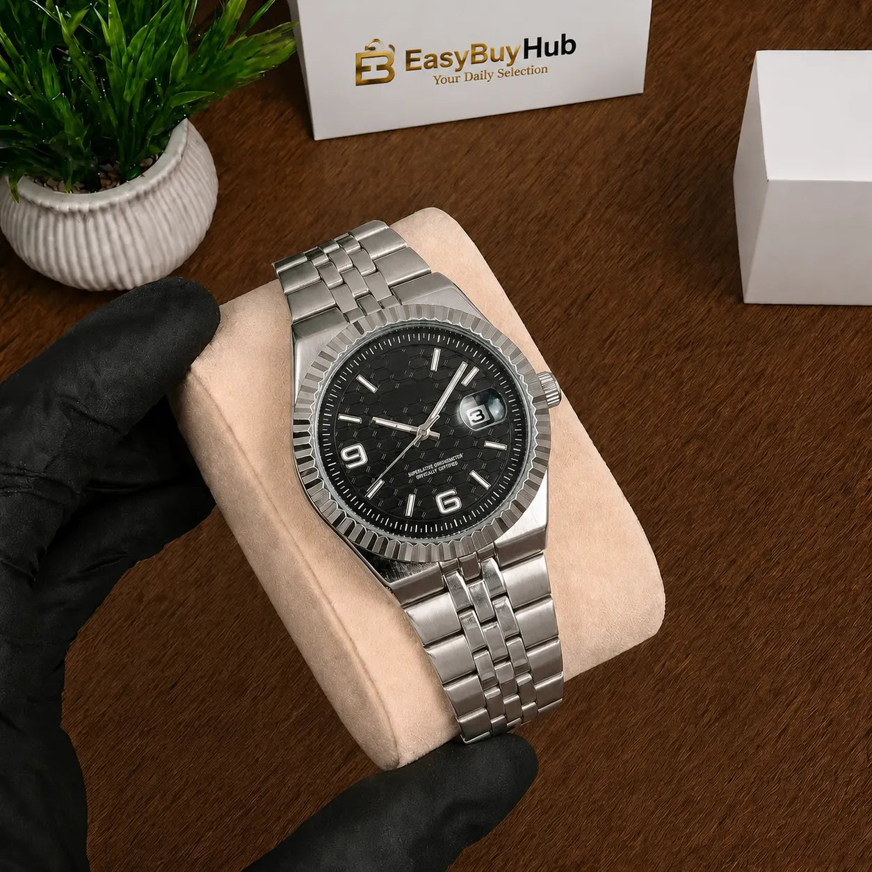 Men's Luxury Oyster Perpetual Style Watch – Black Dial, Date Display & Stainless Steel Strap