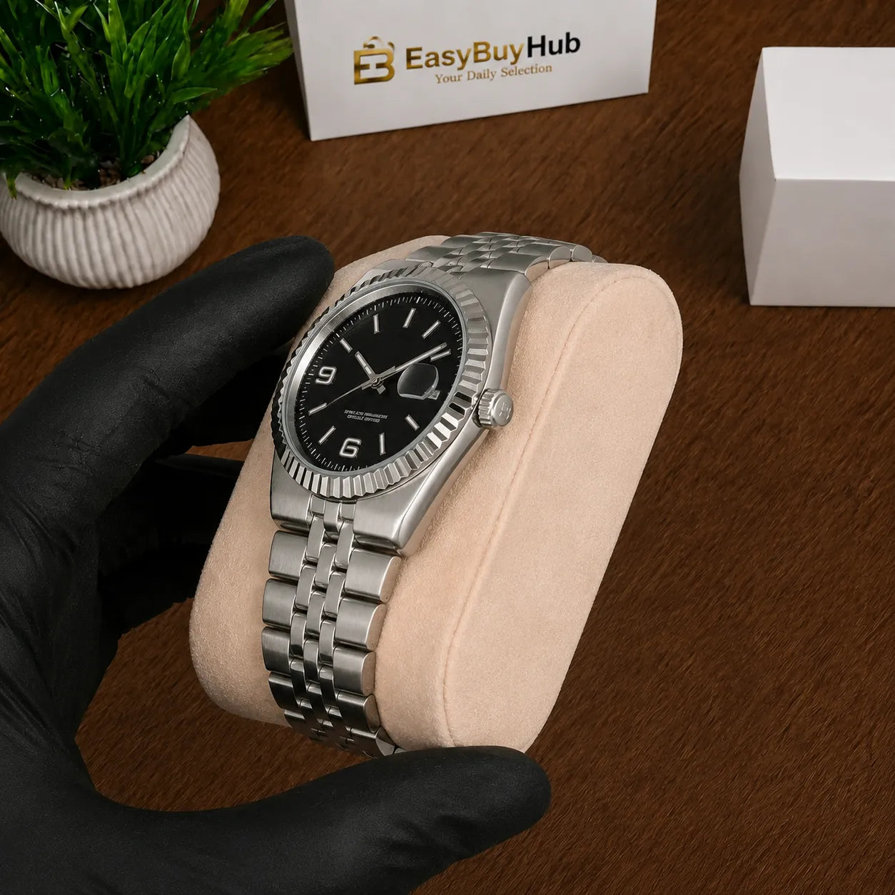 Men's Luxury Oyster Perpetual Style Watch – Black Dial, Date Display & Stainless Steel Strap