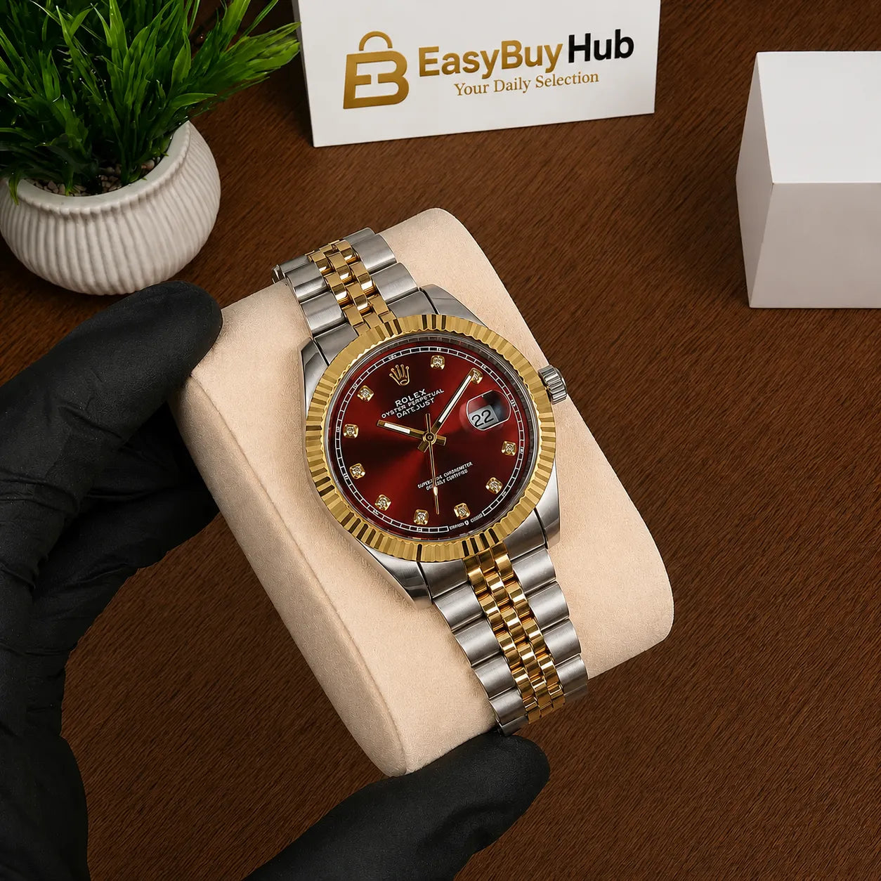 Luxury Two-Tone Men's Analog Watch – Ruby Red Dial | Gold & Silver Stainless Steel