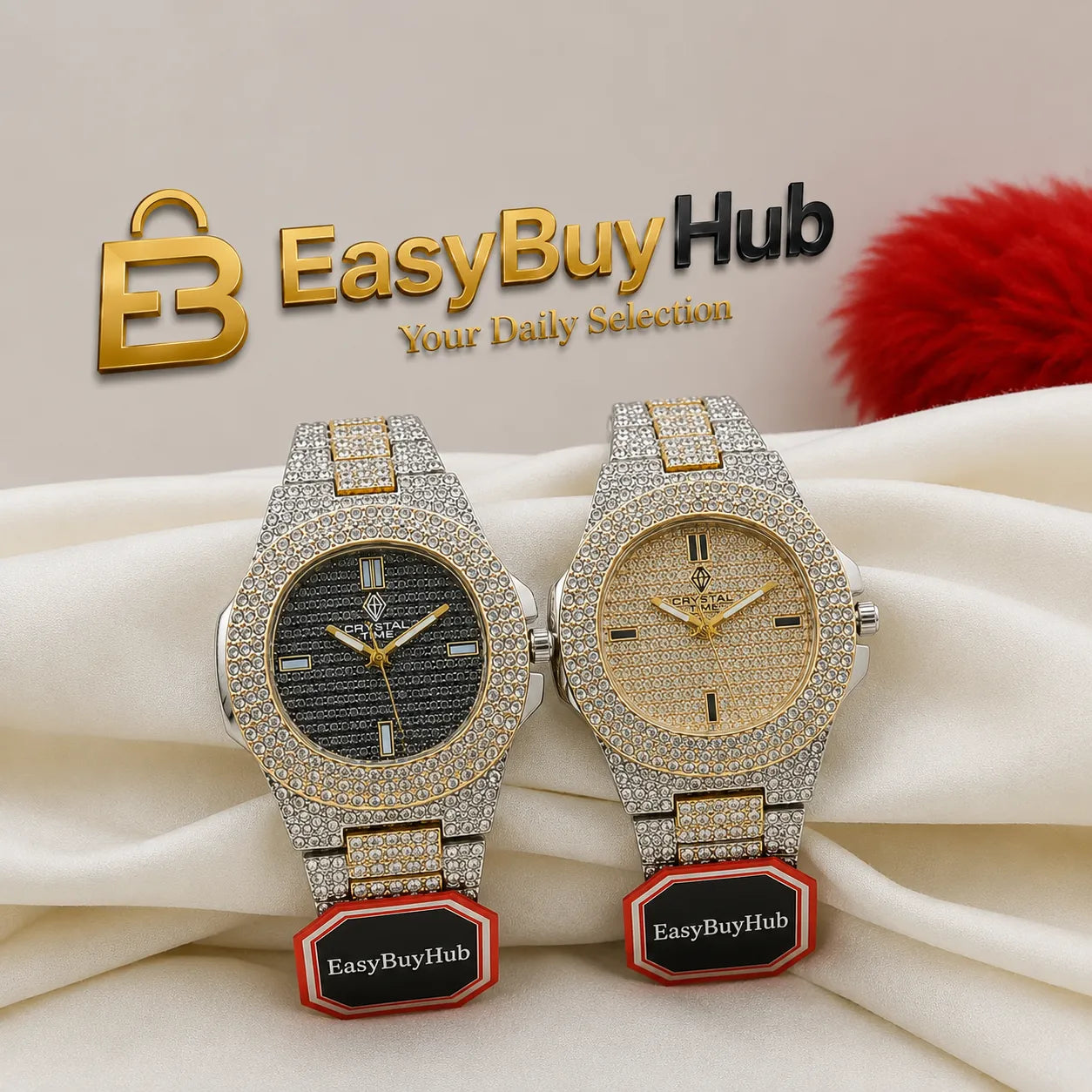 Two luxury-style wristwatches displayed side by side on draped cream fabric, with the EasyBuyHub logo and text above them. The left watch has a dark gray textured dial and a silver-and-gold pavé bracelet.