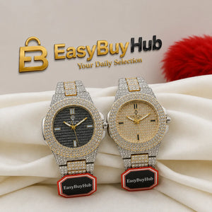 Two luxury-style wristwatches displayed side by side on draped cream fabric, with the EasyBuyHub logo and text above them. The left watch has a dark gray textured dial and a silver-and-gold pavé bracelet.