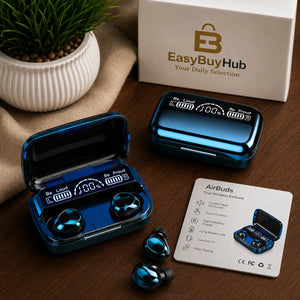 Blue metallic wireless earbuds and their charging cases arranged on a wooden surface, with an open case showing the earbuds inside, a closed case, a product box labeled EasyBuyHub, and an AirBuds instruction card.