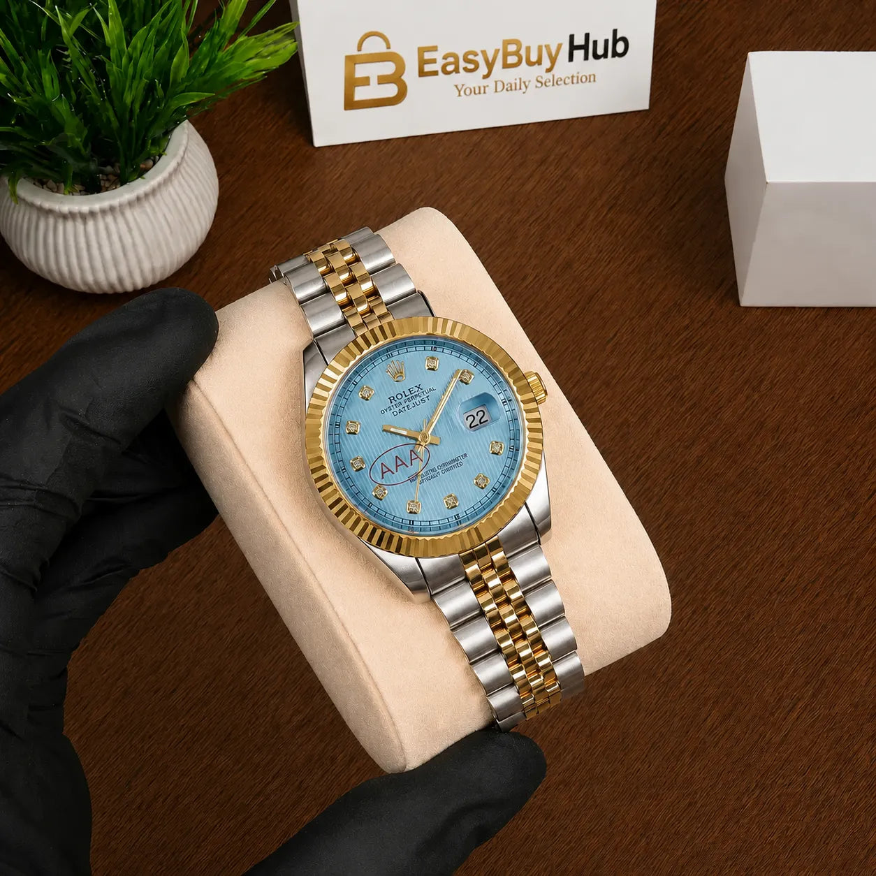 Men's Two-Tone Day-Date Analog Watch – Sky Blue Dial, Gold & Silver Stainless Steel