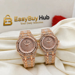 Two rose gold women's watches with crystal-encrusted octagonal dials and link bracelets, displayed on draped cream satin fabric with an EasyBuyHub logo in the background.