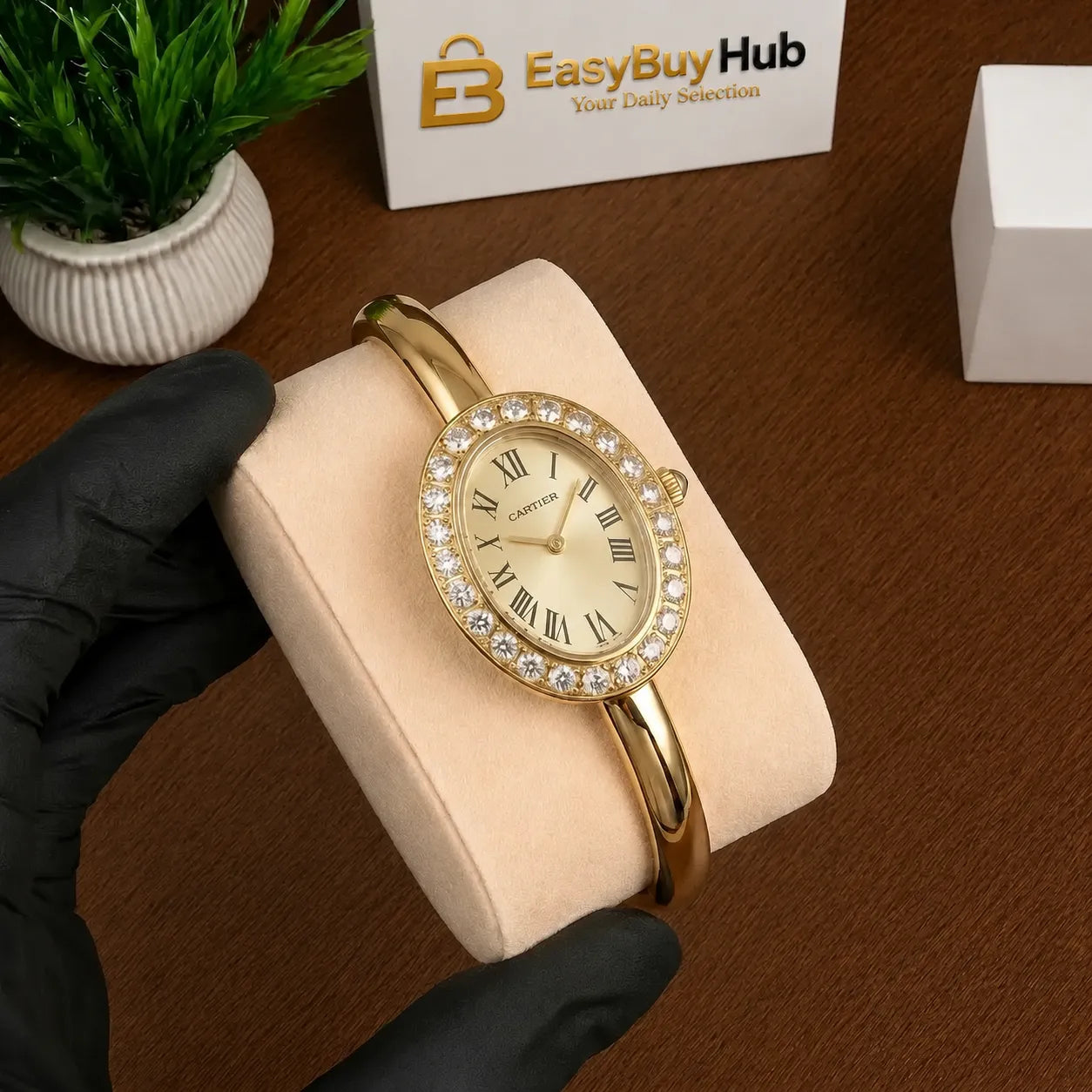 Luxury Diamond Oval Bangle Watch for Women – Gold Edition