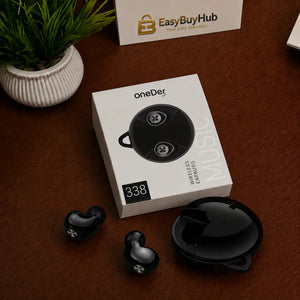 A pair of black wireless earbuds and their matching charging case displayed next to the product box on a dark wooden table. The packaging is white with black text and graphics, and the brand name 'oneDer' is clearly visible.