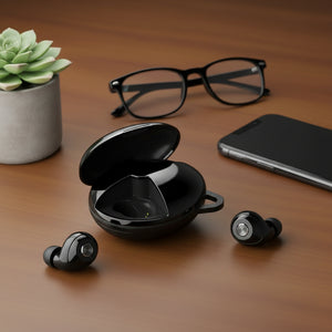 Two glossy black wireless earbuds floating above an open matching charging case on a plain white background.