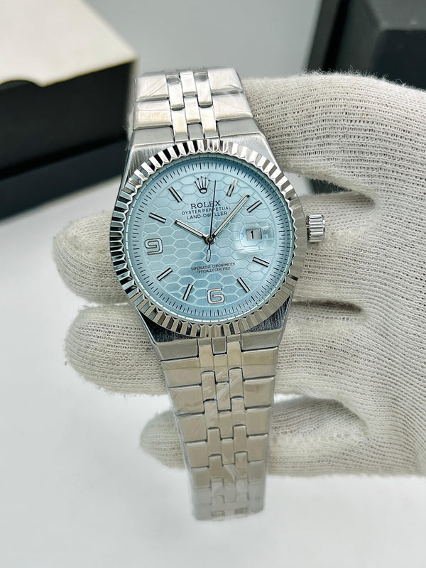 Luxury Stainless Steel Rolex-Style Oyster Perpetual Watch – Premium Ice Blue Dial | Date Display | Elegant Men's Watch
